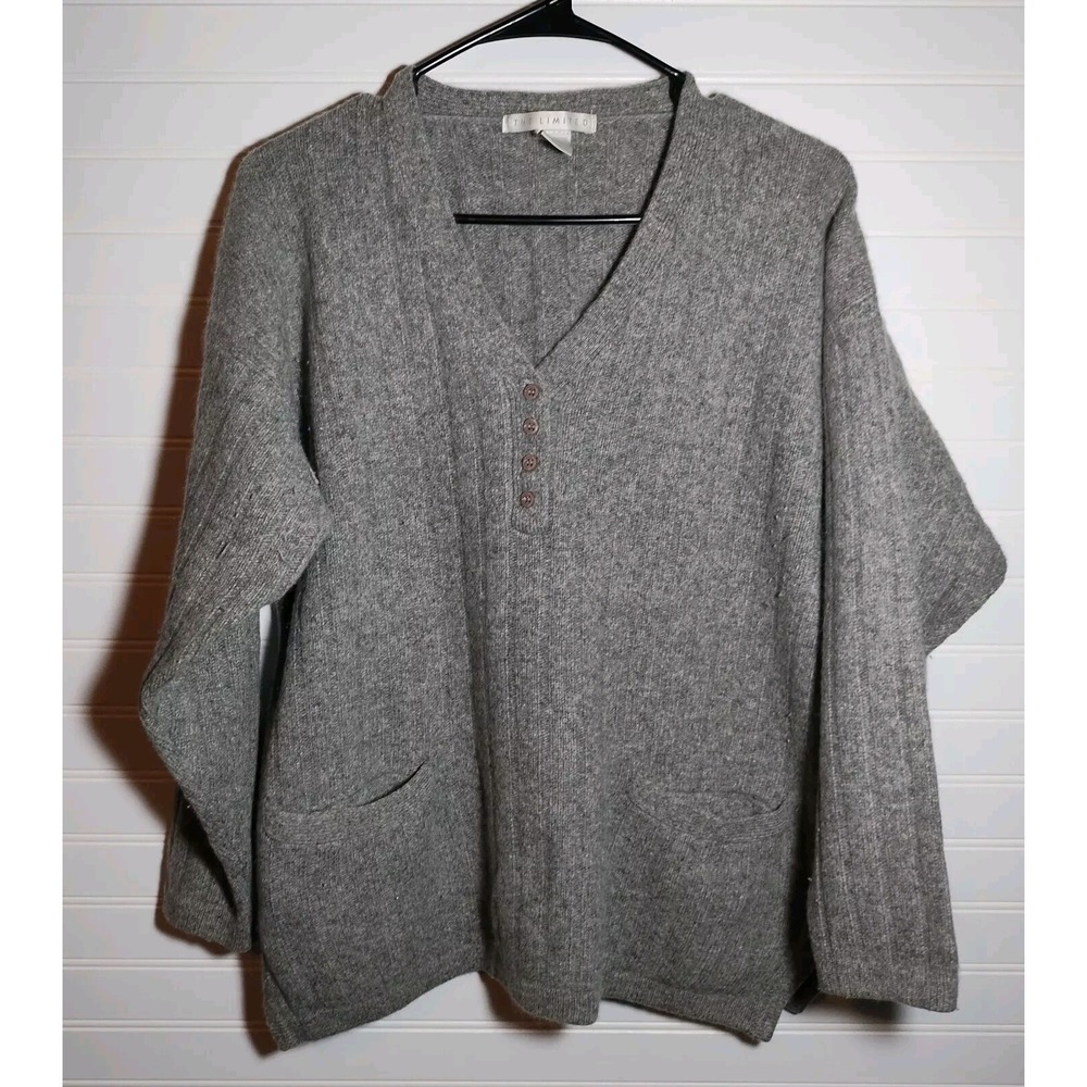 Vintage The Limited Wool Angora Tunic Sweater Women's M‎ Gray V Neck Ribbed Knit